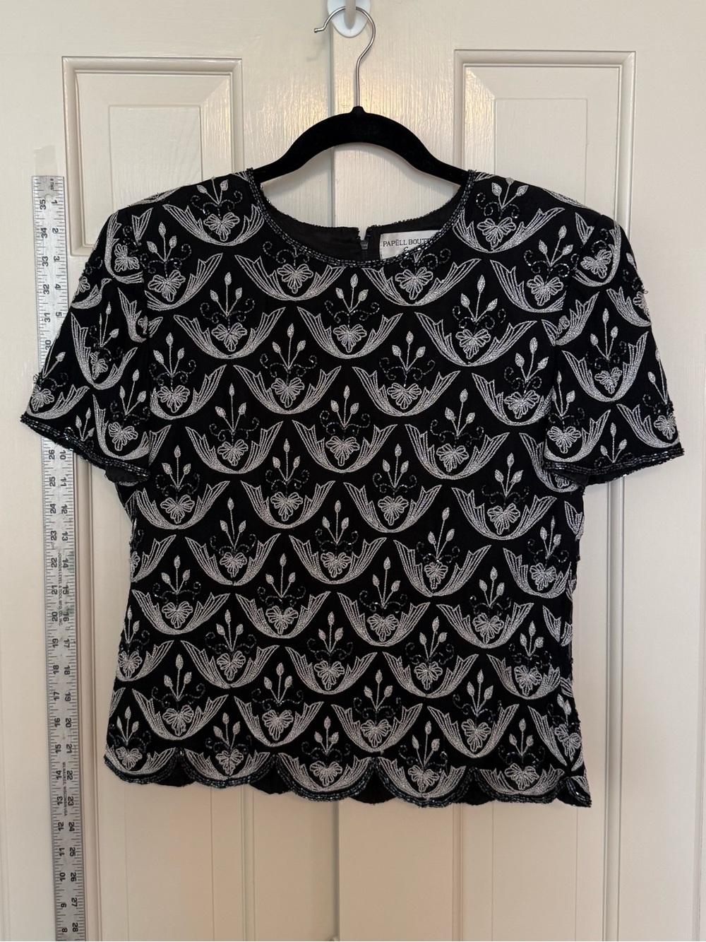 Papell Boutique Black Silk Top with Beaded Floral Embroidery
